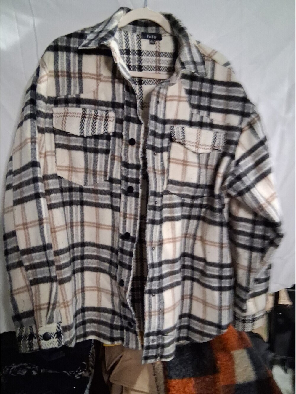 FATE  Plaid Shacket Black Ivory Button Up Jacket Sz Large Oversized Boutique